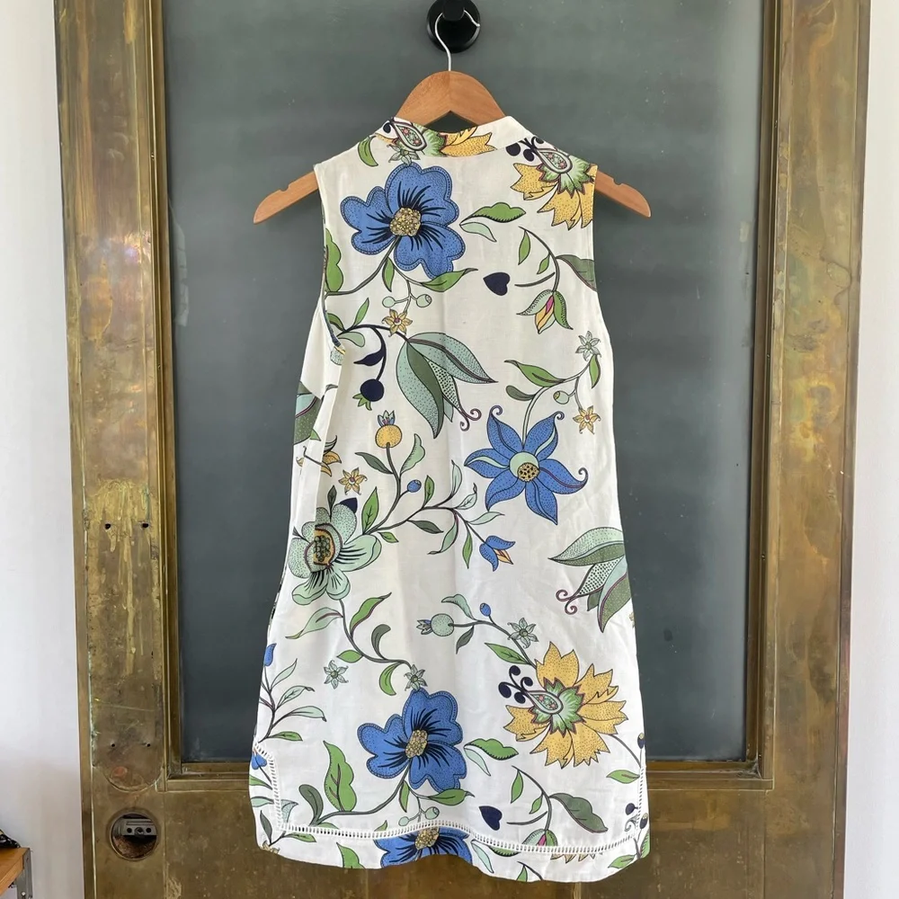 Tory Burch Floral Linen Blend Sleeveless Shift Dress with pockets XS